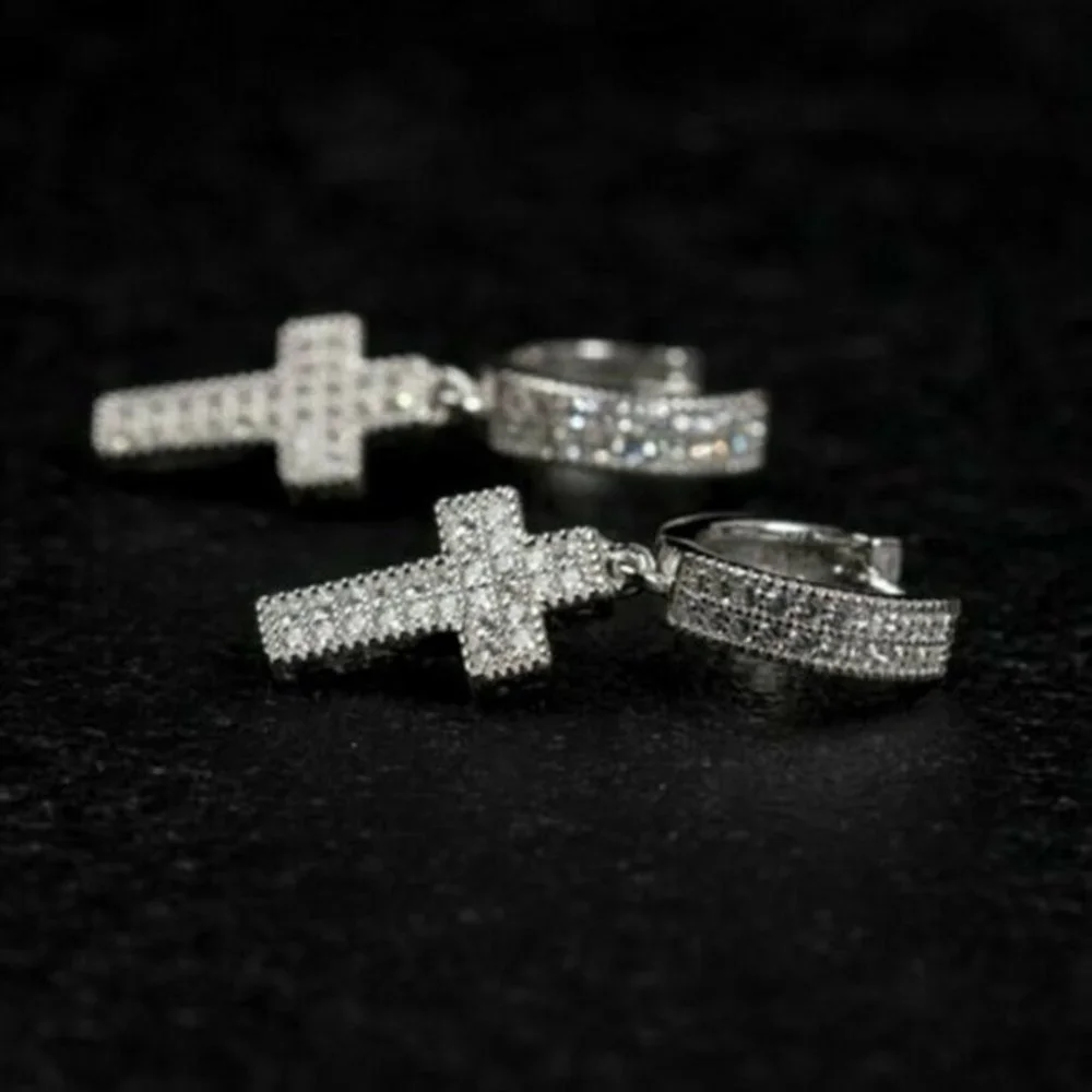 New Men 925 Sterling Silver Diamond Cross Earrings